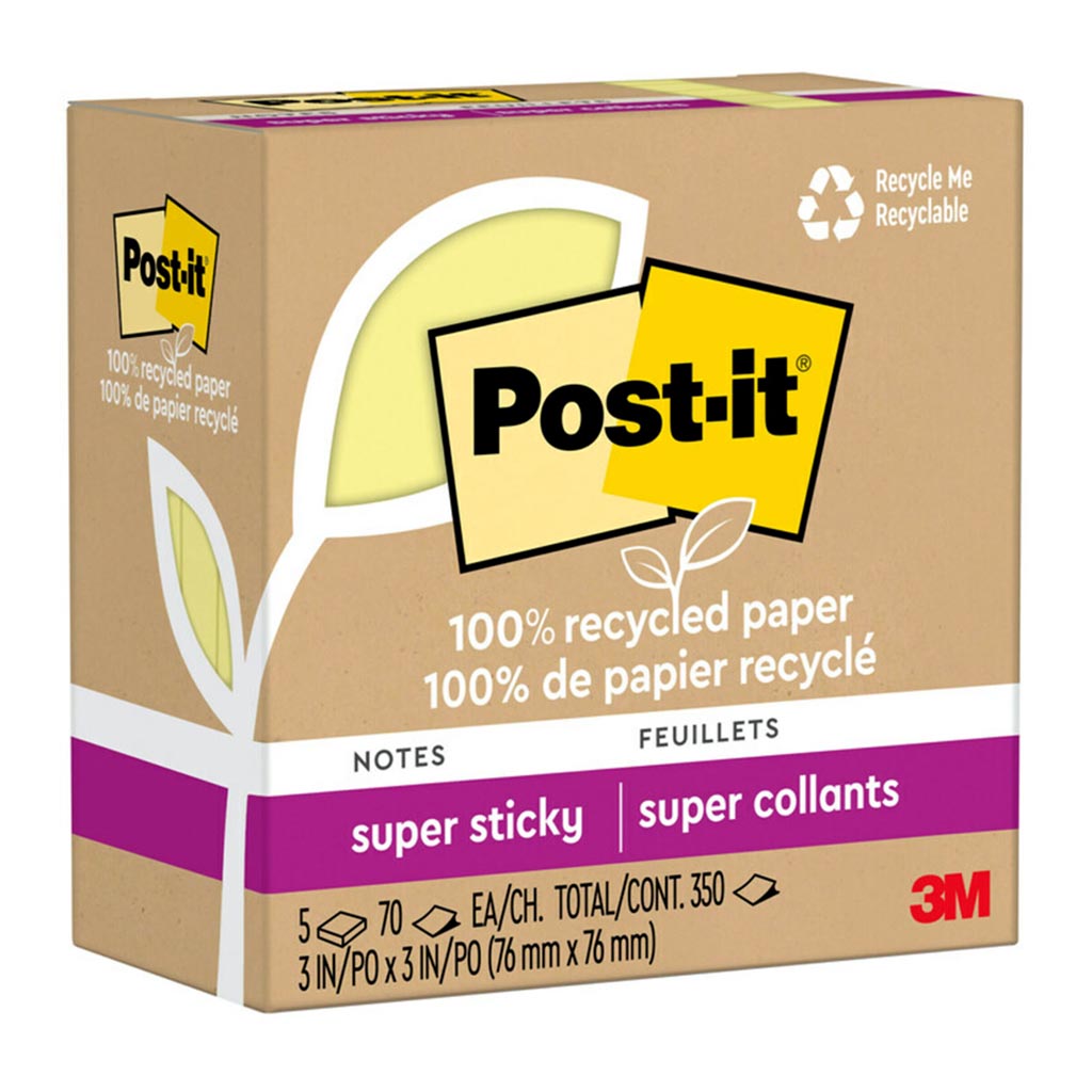 Post-it 100 Rec Super Sticky Notes 654R-5SSCY 76x76mm Yellow, Pack of 5