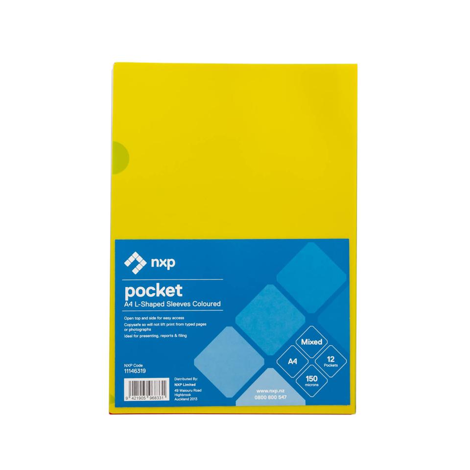 BEST BUY NXP L-ShapeD Pockets Assorted Colours Pack 12 (2 each of 6 colours)
