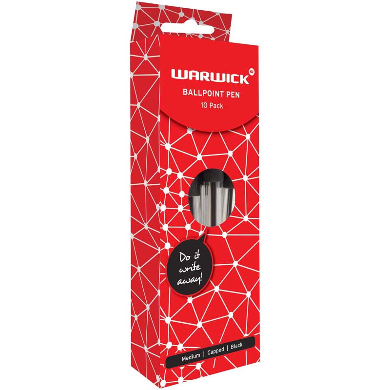 Warwick Pen Ballpoint Black Capped Medium Box 10