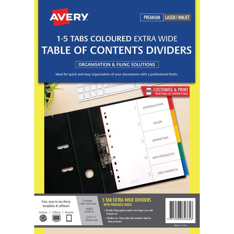 Avery Dividers A4 5 Tab Coloured Pp Extra Wide