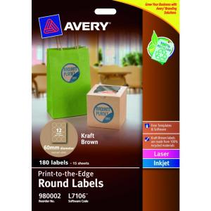 Avery Kraft Round 60mm Diameter Brown Labels 12 Labels/Sheet 15 Sheets/Pack