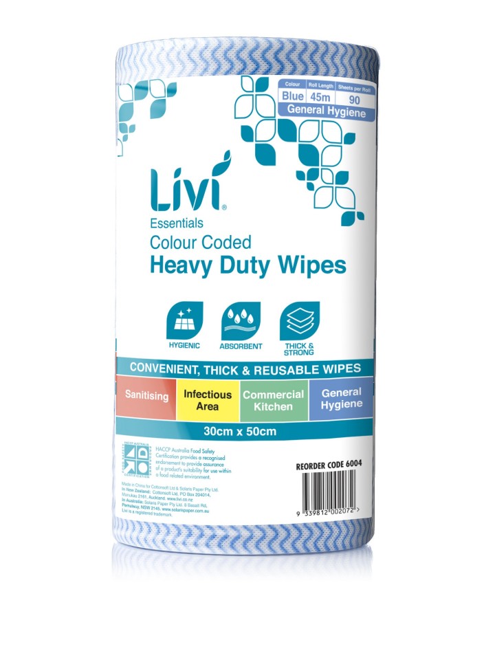 Livi Blue Colour Coded Heavy Duty Wipes 90 Sheets