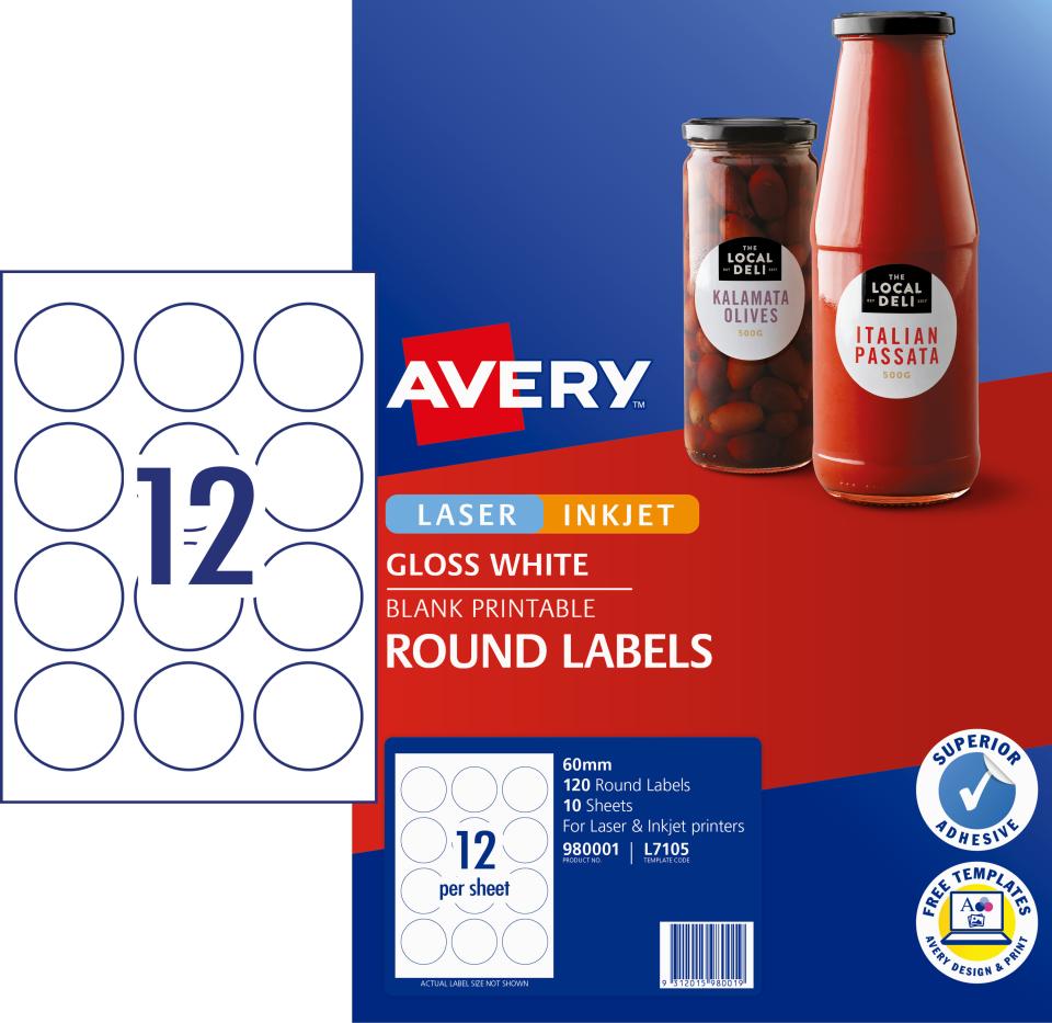 Avery Label L7105 Round White Glossy 60mm 12up 10 Sheets 980001