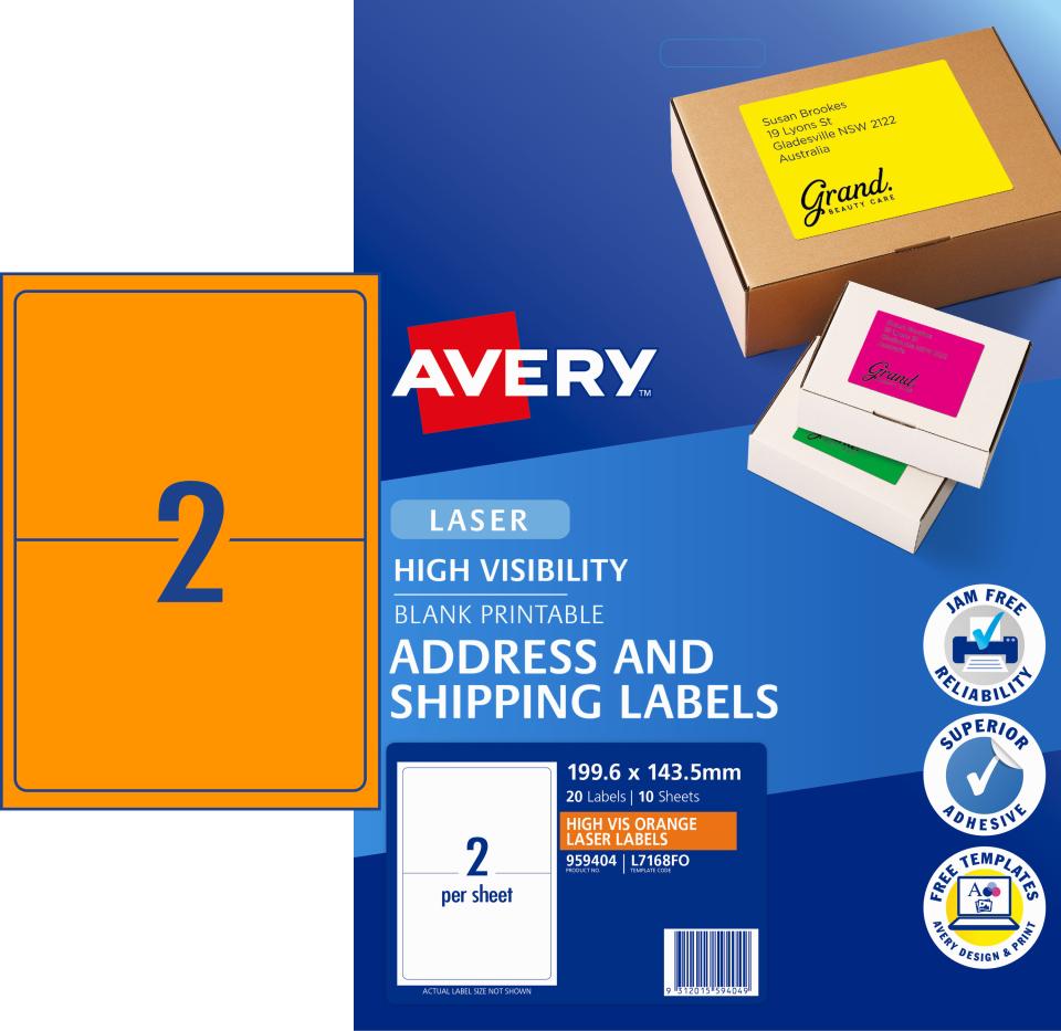 Avery Fluoro Orange High Vis Shipping Labels Laser 199.6 x 143.5mm 20 Labels (959404 / L7168FO)
