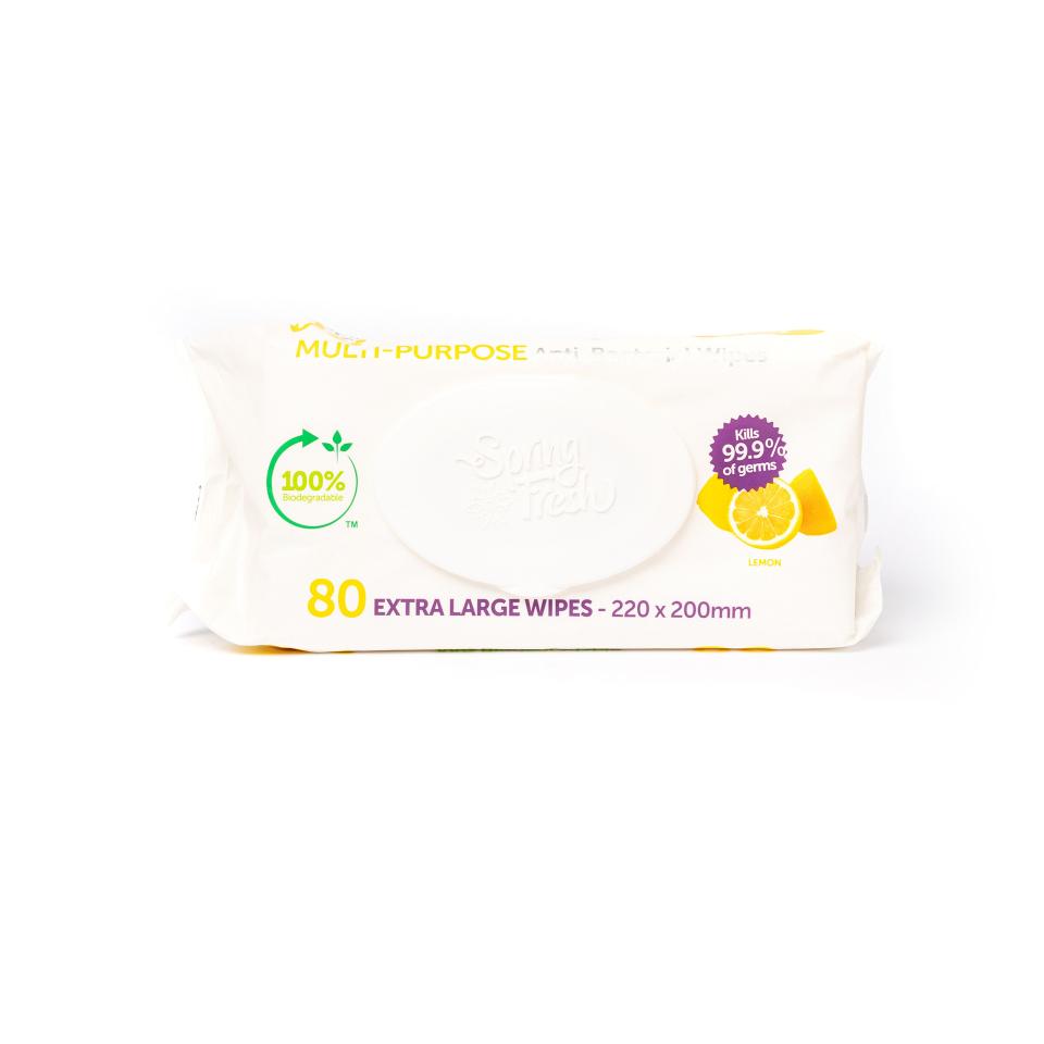 Spring Fresh Multi Purpose Antibacterial Wet Wipes Extra Large Lemon 220mm x 220mm Packet of 80