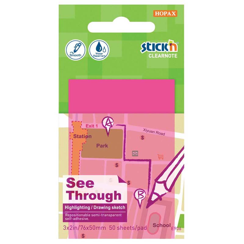 Stick'n Clearnote Pink 76x51mm 50 Sheets Transparent