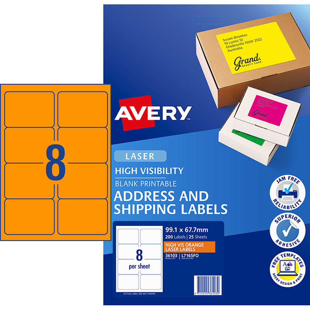 Avery Shipping Label L7165fo Fluoro Orange 8 Up 25 Sheets 99.1×67.7mm Avery Code: 36103