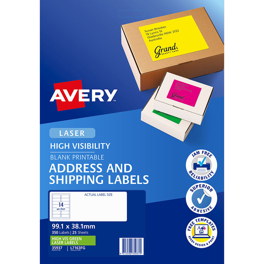 Avery Shipping Label L7163FG Fl Green Laser 99.1x38.1mm FSC Mix Credit 14up 25 Sheets