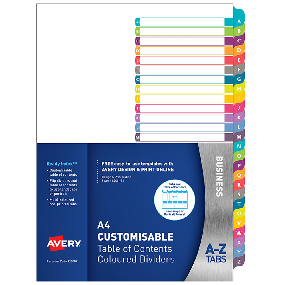 Avery Customisable Table Of Contents A4 A-Z Tabs Coloured