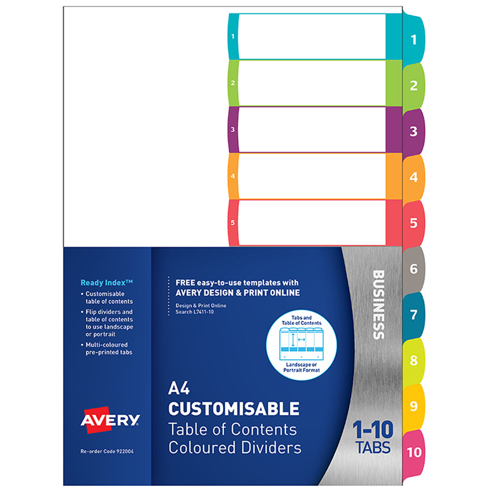 Avery Customisable Table Of Contents A4 1-10 Tabs Coloured FSC Mix Credit