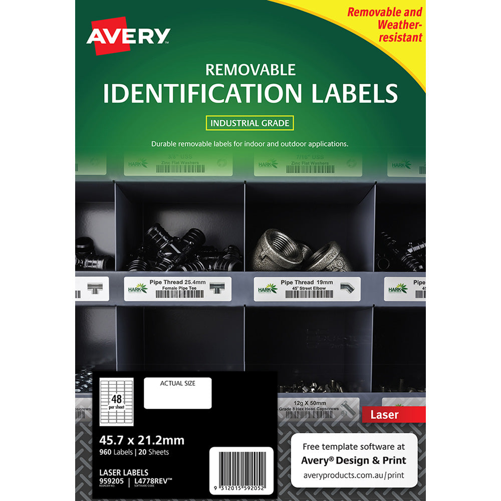 Avery Weather Resistant Removable Label L4778 Laser 45.7x21.2mm White 48up 20 Sheets