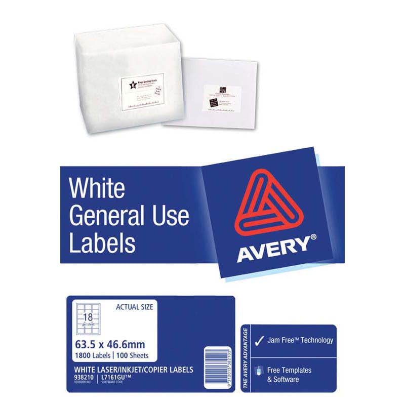 Avery Label L7161 General Use A4 18/Sheet 100 Sheets