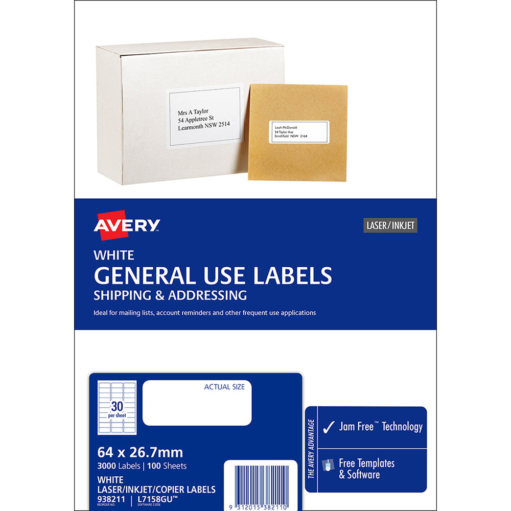 Avery Label L7158 General Use 64x26.7mm FSC Mix Credit 30up 100 Sheets