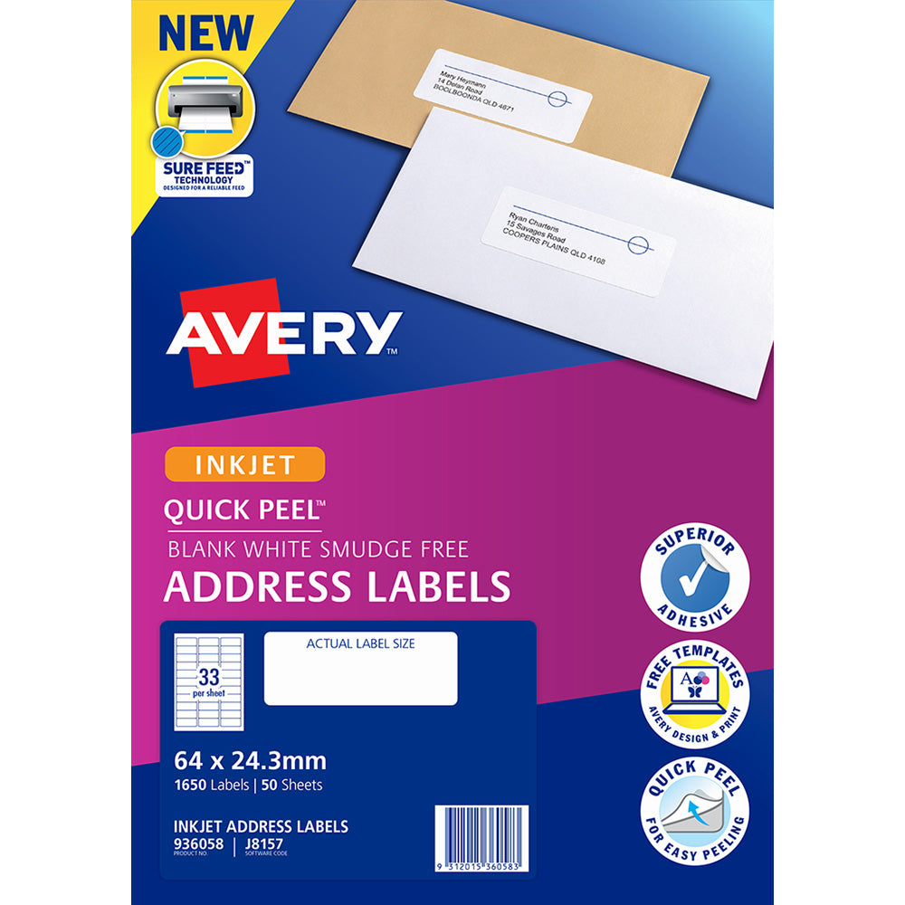 Avery Label J8157-50 Inkjet FSC Mix Credit 33up 50 Sheets