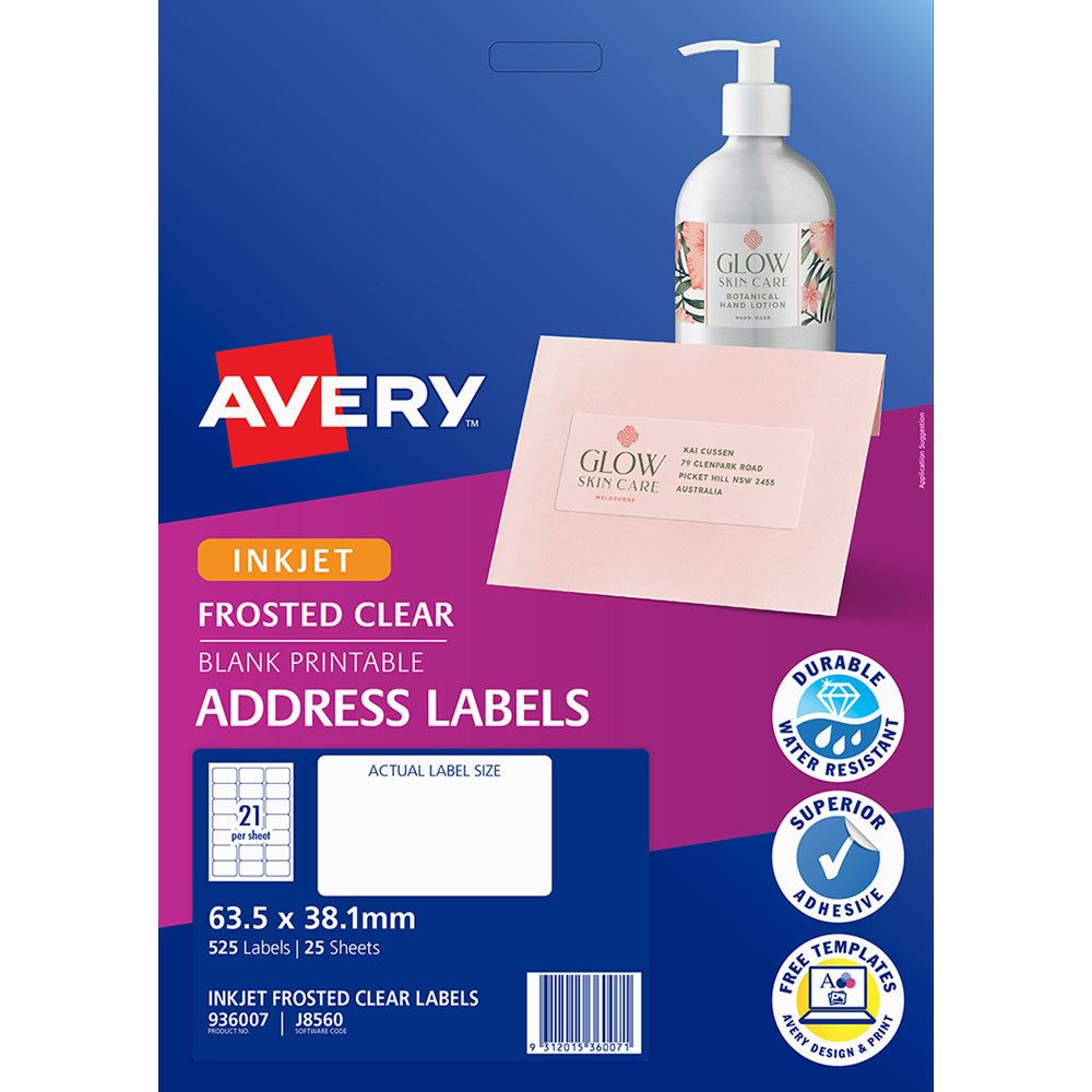 Avery Label Permanent J8560 Frosted Clear Inkjet 63.5mmx38.1mm 21up 25 Sheets
