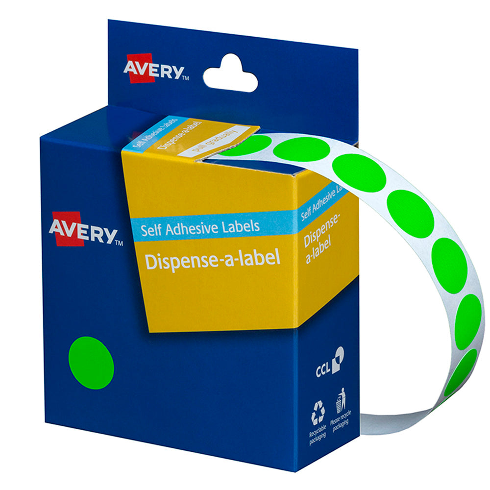 Avery Label Dispenser DMC14FG Green Fluoro Round 14mm FSC Mix Credit 700 Pack