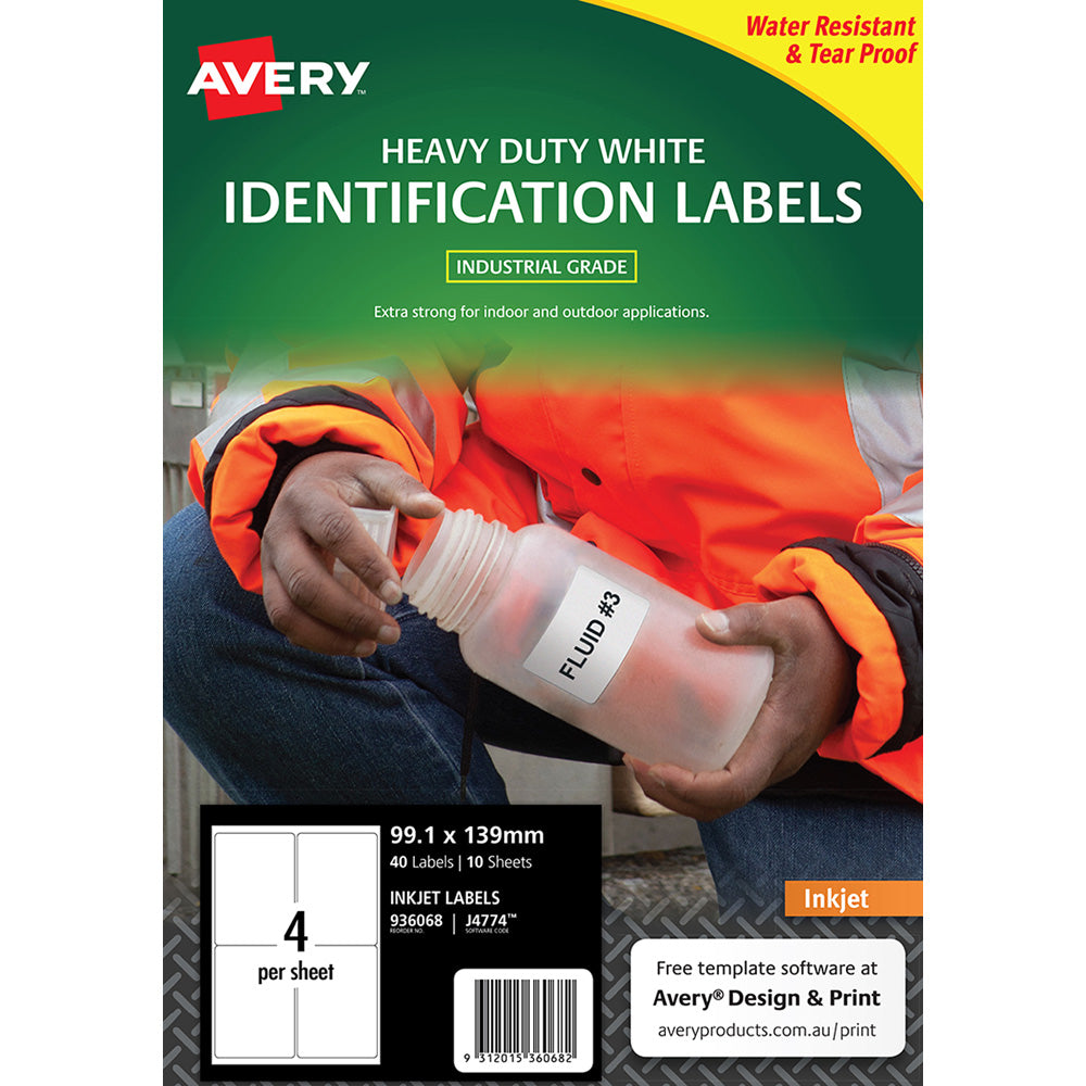 Avery Heavy Duty ID Label J4774 Inkjet 99.1x139mm White 4up 10 Sheets