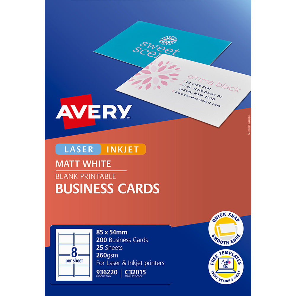 Avery Business Cards C32015-25 Inkjet 8up 25 Sheets