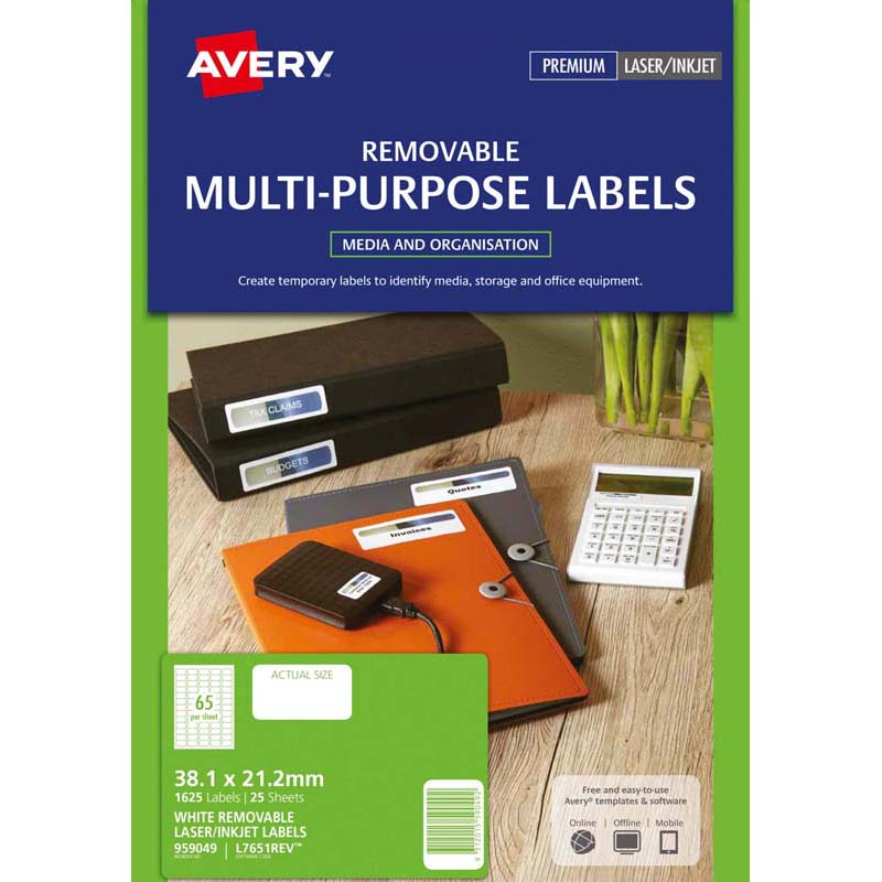 Avery Label L7651 "Removable" 25 38.1 x 21.2mm 25 Sheets Avery # 959049