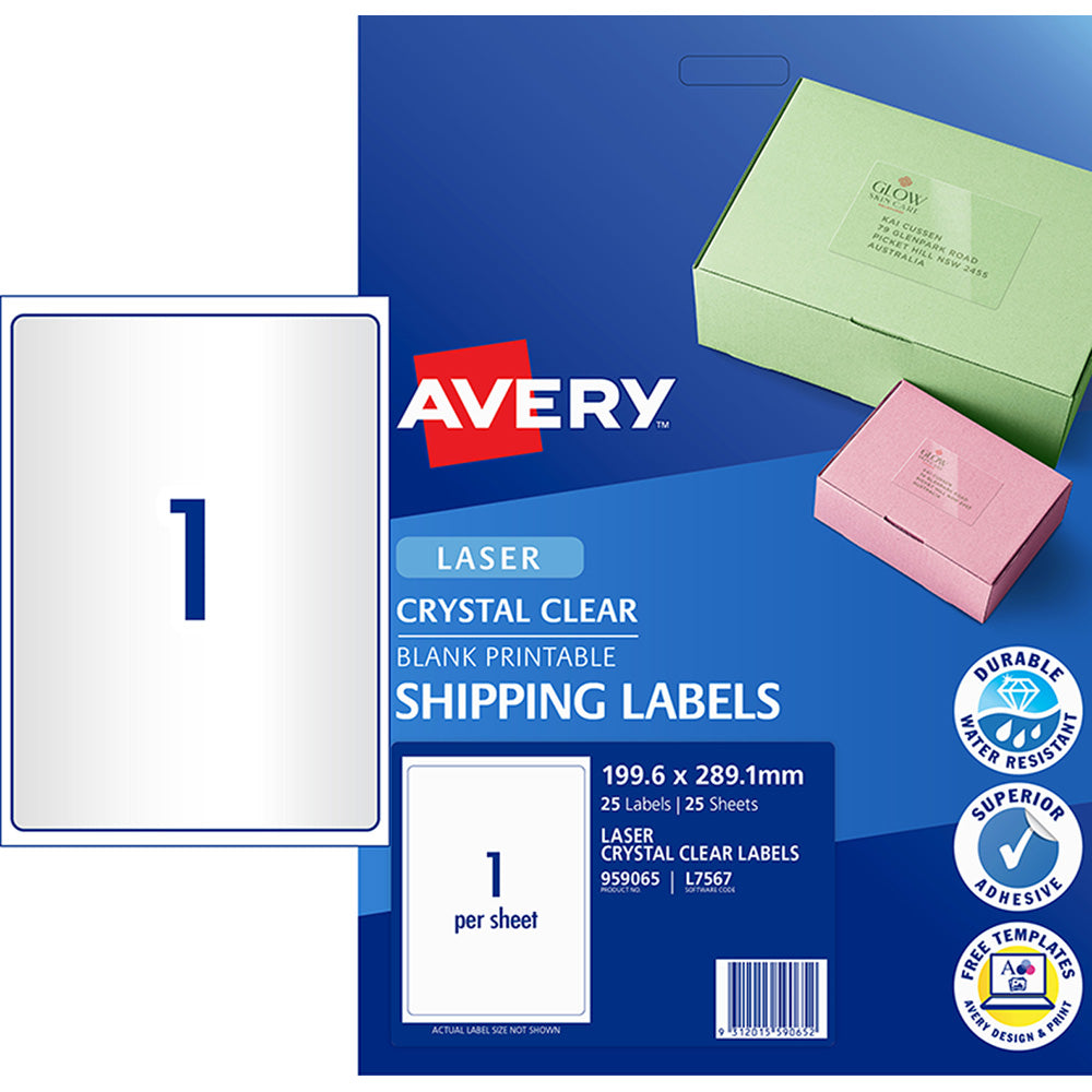 Avery Label L7567-25 Crystal Clear 199.6x289.1mm 25 Sheets