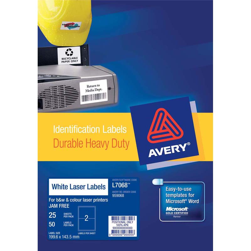 Avery Heavy Duty Id Label L7068 White 2 Up 25 Sheets Laser 199.6x143.5mm