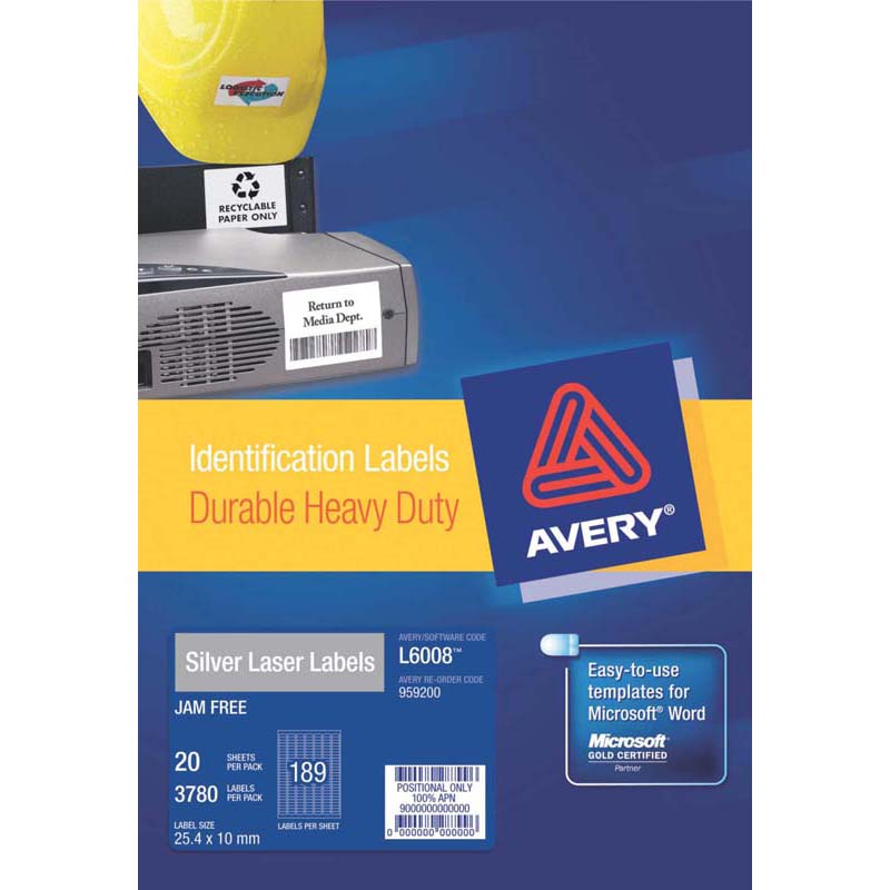 Avery Heavy Duty Id Label L6008 Silver 189 Up 20 Sheets Silver 25.4 x 10mm (Avery Code 959200)