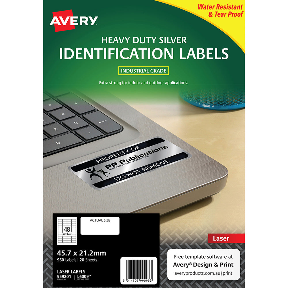 Avery Heavy Duty ID Label L6009 Silver Laser 47.5x21.2mm 48up 20 Sheets