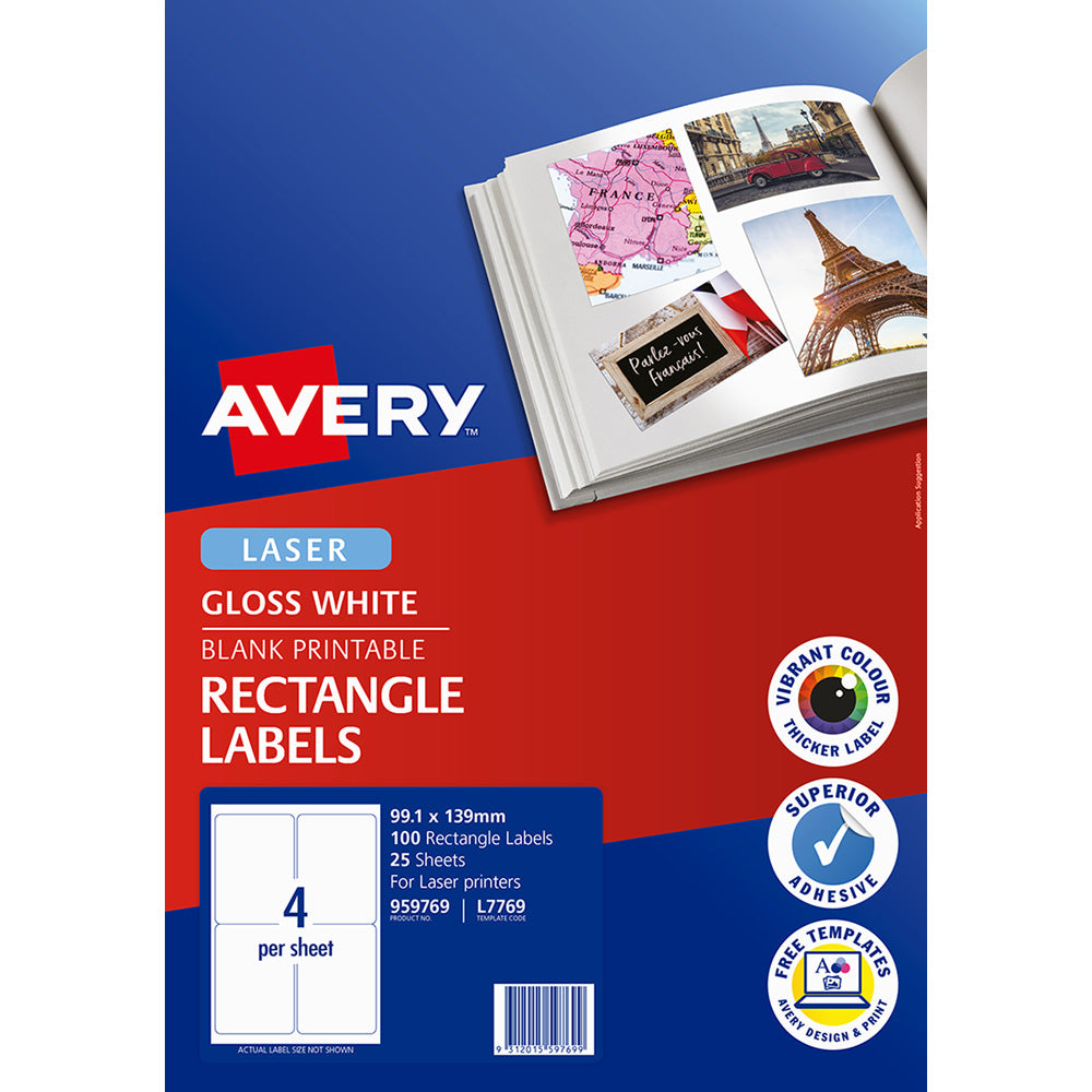 Avery Multi-Purpose Labels L7769-25 99.1x139mm Laser 4up 25 Sheets