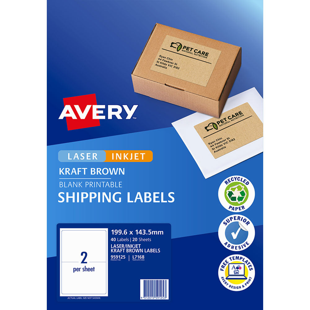 Avery Shipping Labels Brown Kraft 199.6x143.5mm 20 Sheets L7168