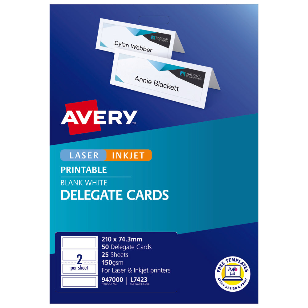 Avery Delegate Cards 210x74.3mm 50 Cards 25 Sheets Inkjet Laser