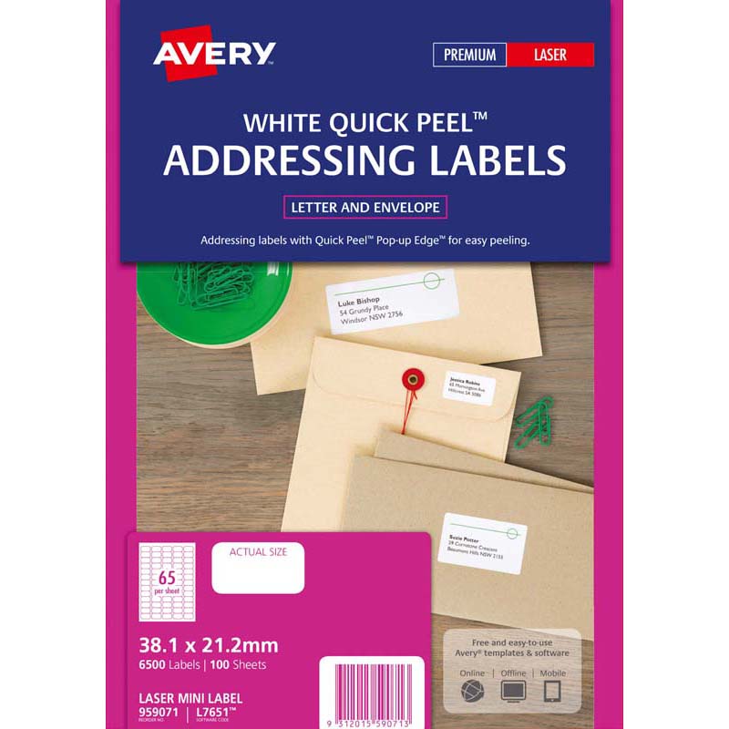 Avery Label L7651-100 White 38.1x21.2mm 100 Sheets