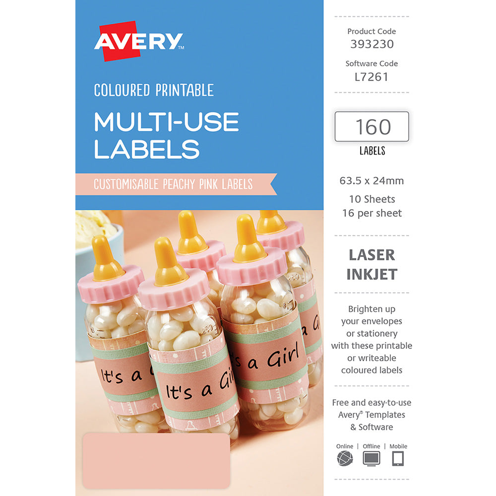 Avery Labels L7261 Peach 63.5x24mm A5 16up 10 Sheets