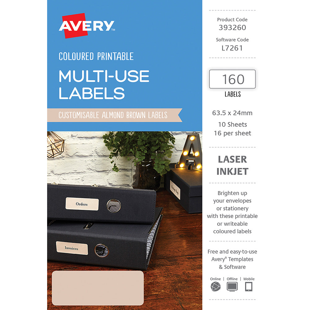 Avery Labels L7261 Almond 63.5x24mm A5 16up 10 Sheets