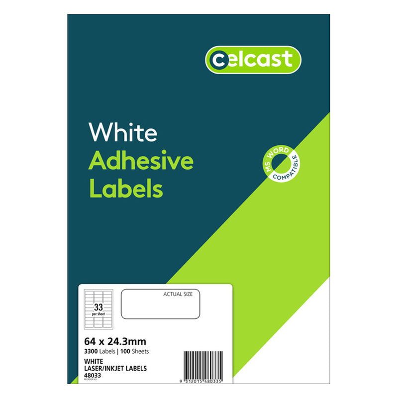 Celcast Labels A4 64x24.3mm FSC Mix Credit 33up 100 Sheets