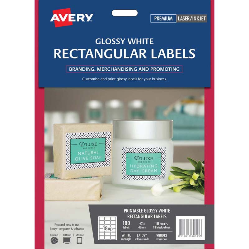 Avery Label L7109 Rectangular White Glossy 18up 10 Sheets