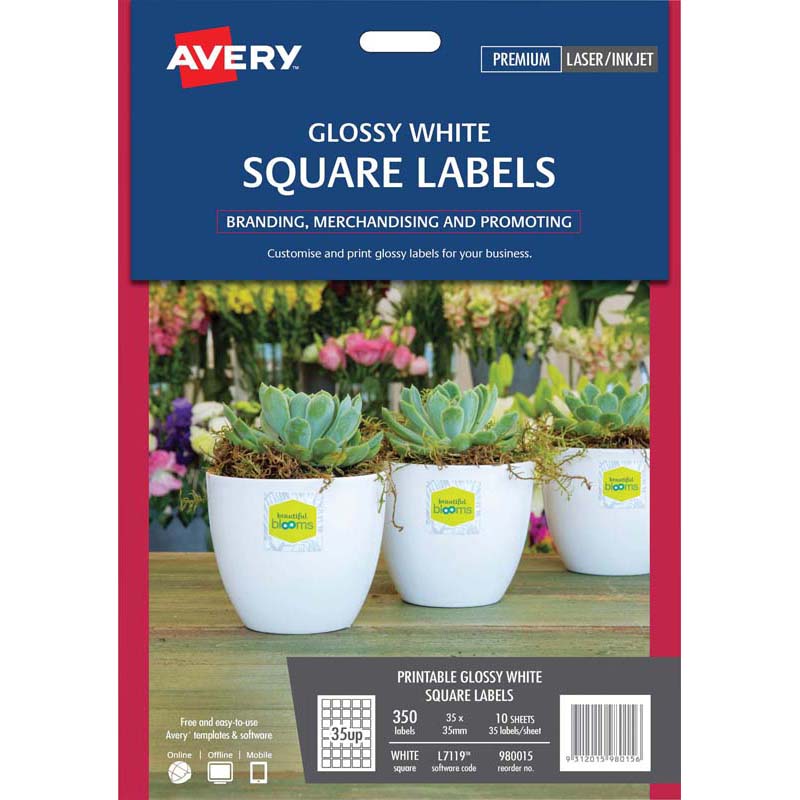 Avery Label L7119 Square White Glossy 35up 10 Sheets