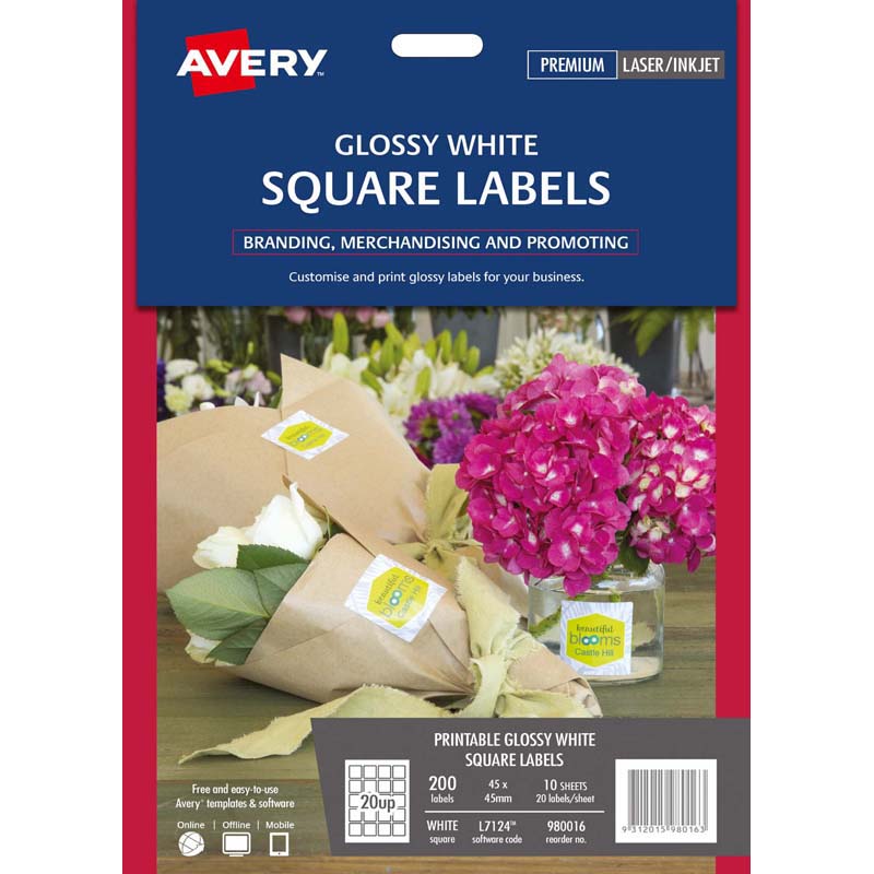 Avery Square Glossy Labels 10 Sheets 20 Up White L7124 980016