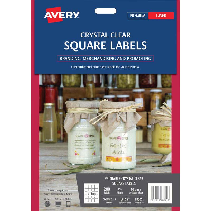 Avery Label L7126 Square Crystal Clear 20up 10 Sheets
