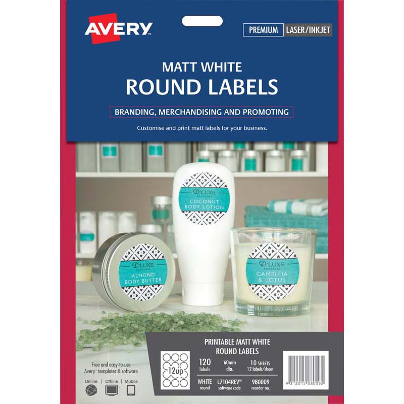 Avery Label L7104 "Removable" Round White 60mm 12up 10 Sheets Avery # 980009