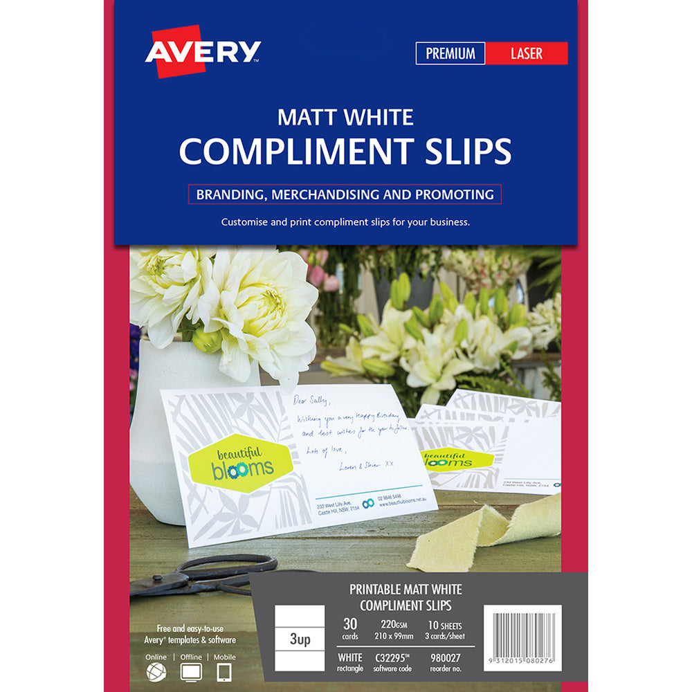 Avery Compliment Card C32295 Matt White D/S Laser 210x99mm 3up 10 Sheets