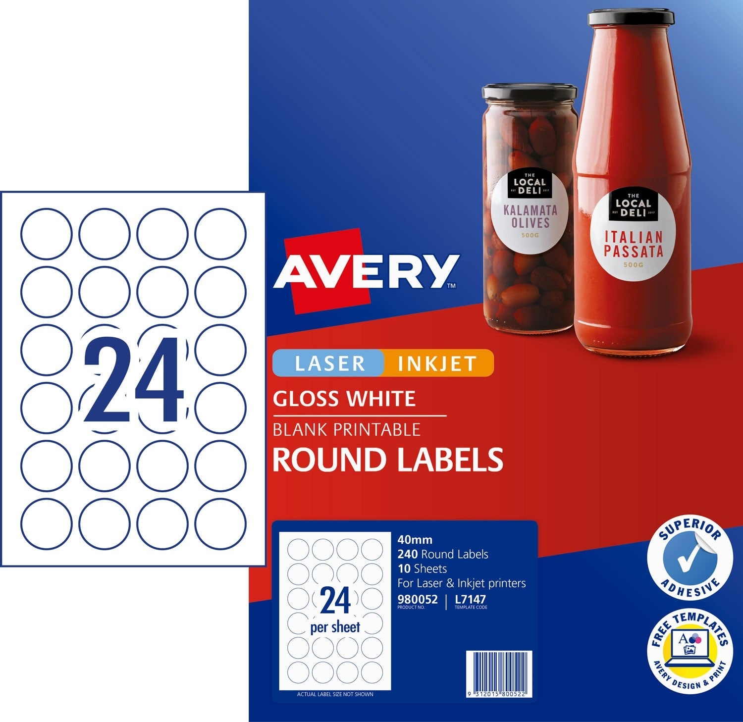 Avery Label L7147 / 980052 White Gloss Round 24 Up 10 Sheets Laser Inkjet 40mm