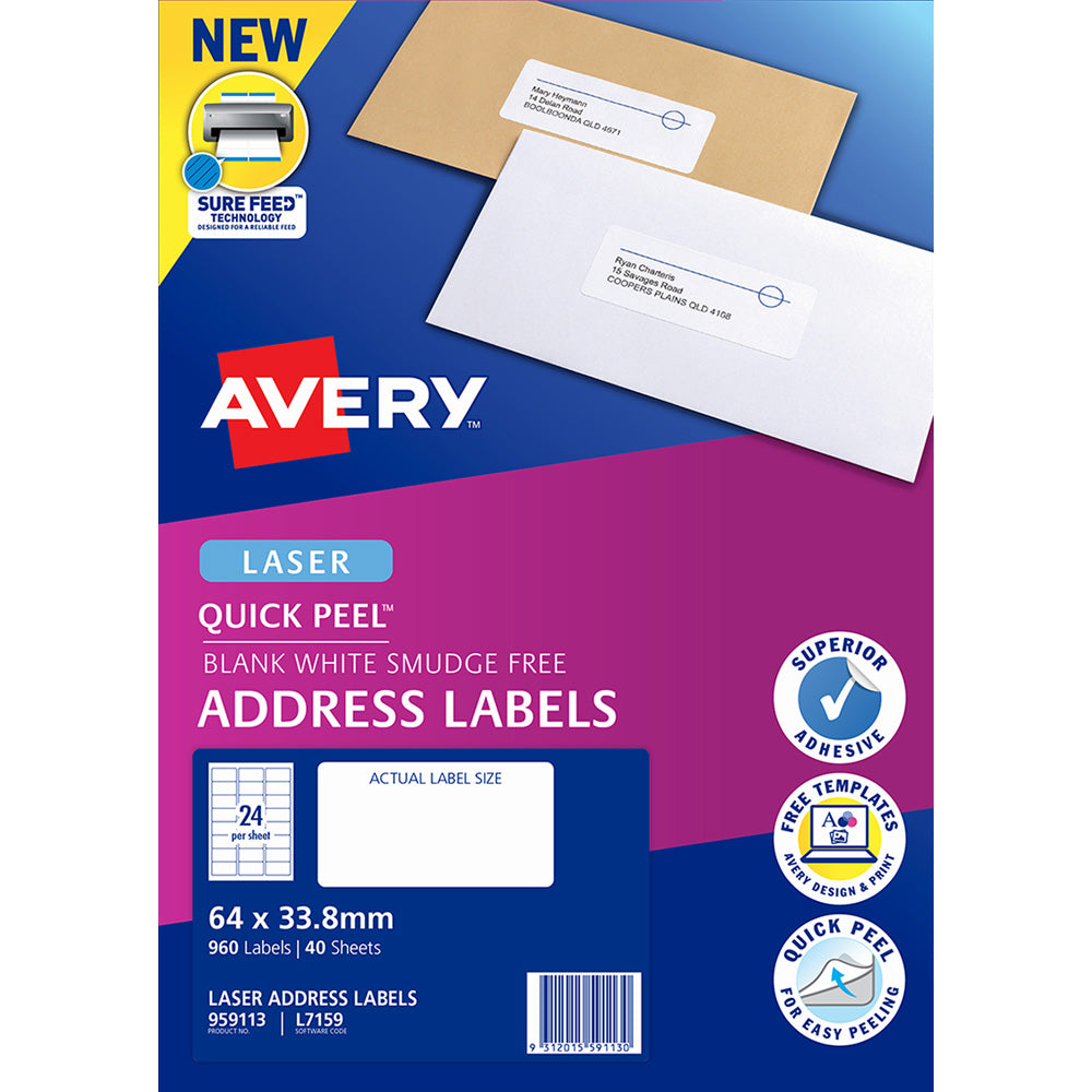 Avery Quick Peel Address Labels L7159 White 64x33.8 FSC Mix Credit 24up 40 Sheet