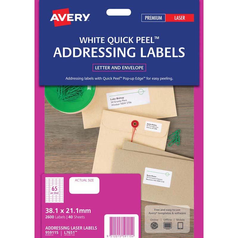Avery Addressing Labels L7651 White 65 Up 40 Sheets Laser 38.1×21.2mm Quick Peel Pop Up
