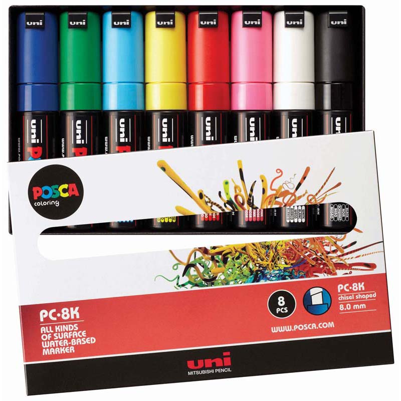 Uni Posca Marker 8.0mm Bold Chisel 8 Pack Asstd PC-8K