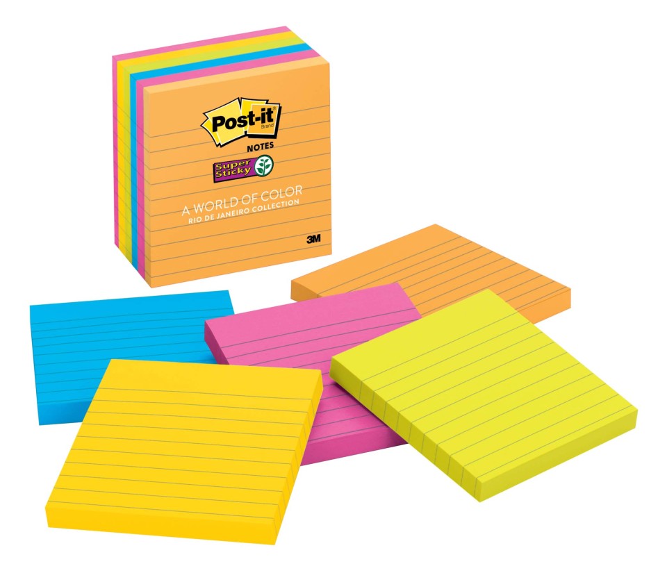 Post-it Super Sticky Lined Notes 675-6SSUC Rio De Janiero 101x101mm 90 sheet pads Pkt/6