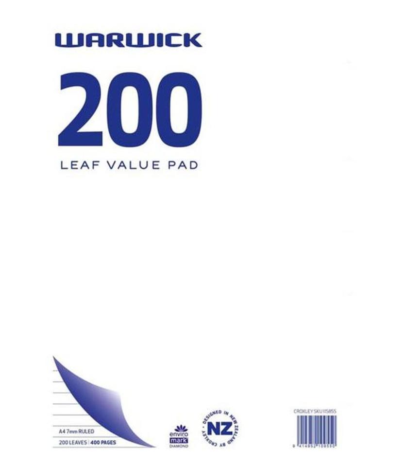 Warwick Writing Pad A4 200 Leaf Ruled 7mm