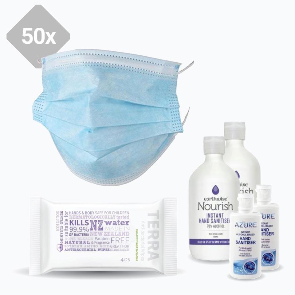 COVID Protect - Office Kit (50 x Disposable 3 Ply Face Masks, 2 x 400ml + 2 x 60ml Hand Sanitiser, 1 x Antibacterial Wipes Packet of 40)
