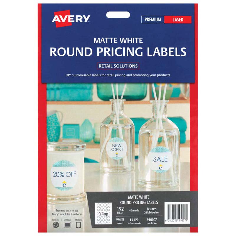 Avery Label L7129 REMOVABLE Round Matte White 40mm 24up 8 Sheets Laser/Inkjet (Avery Code 910007)