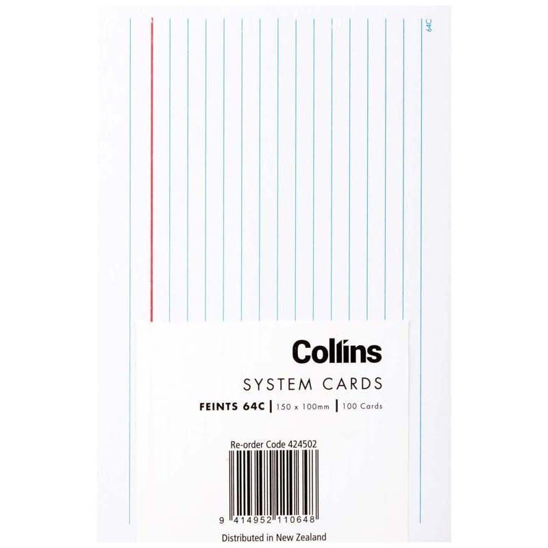 Collins System Card Feints 64c 150 x 100mm Pack 100