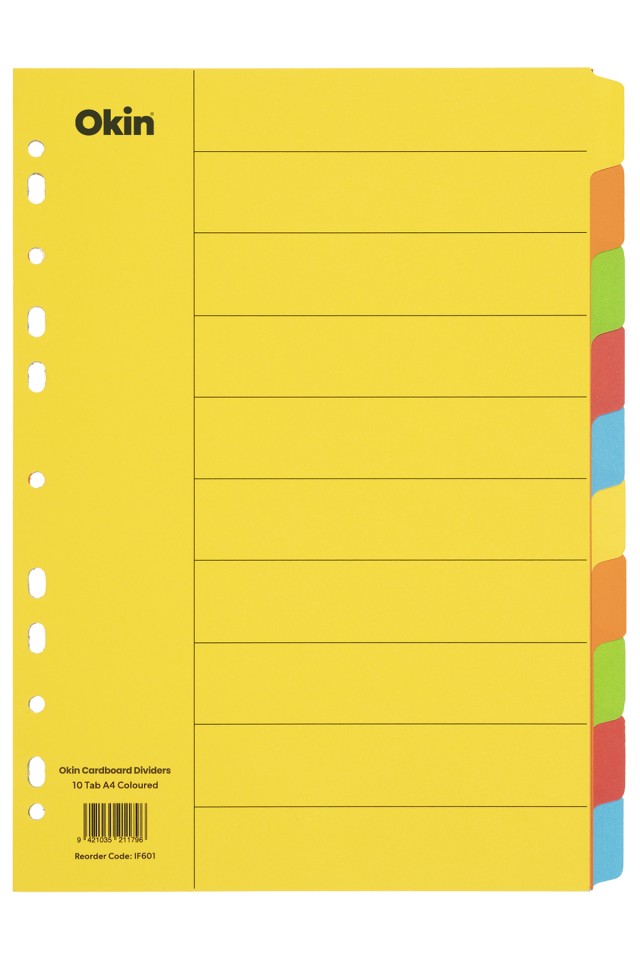 Okin Cardboard Dividers 10 Tab Coloured
